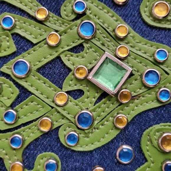 Bueno Gemstone Embellished Blue Green Denim Fabric Purse Tote Shoulder Bag - Picture 5 of 13